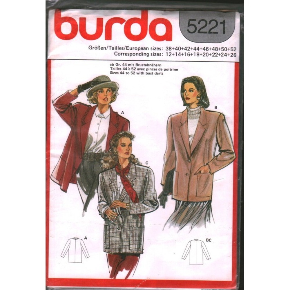 Burda 5221 Sewing Pattern Womens Jacket Blazer Sizes 12-26 Vintage Style Uncut